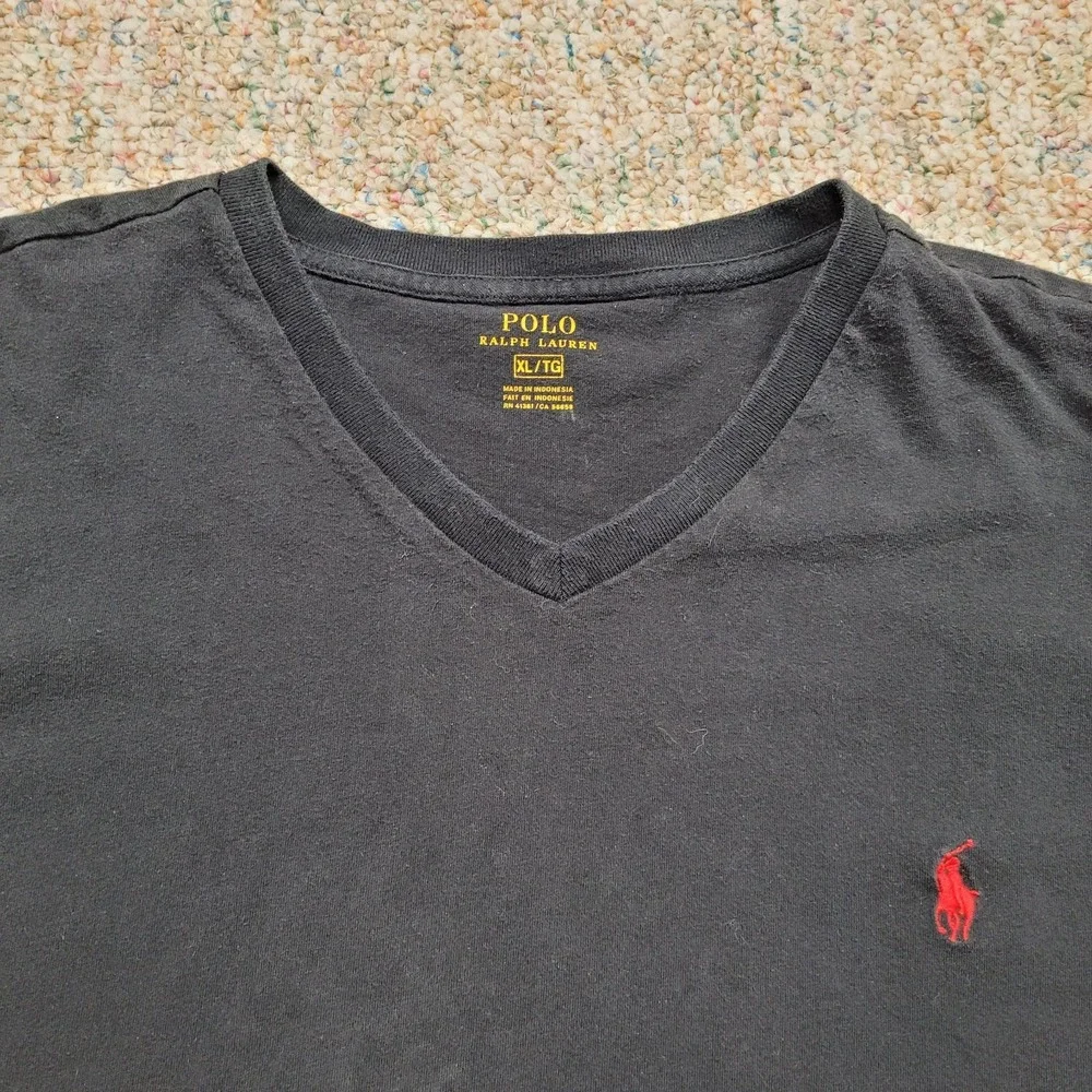 Polo Ralph Lauren Shirt Mens XL‎ Black VNeck Pullover Red Pony Rugby Tee Cotton